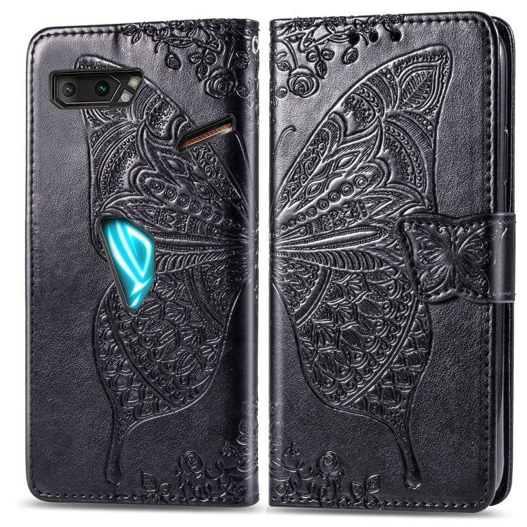 

For Asus ROG Phone II 2 ZS660K Butterfly Love Flowers Embossing Horizontal Flip Leather Case with Holder & Card Slots & Wallet & Lanyard(Black)