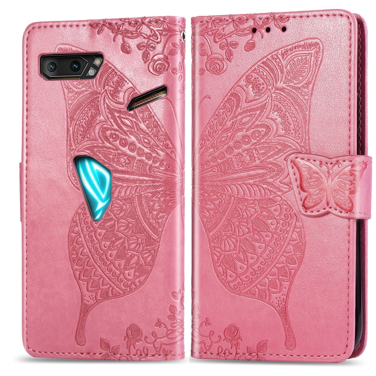 

For Asus ROG Phone II 2 ZS660K Butterfly Love Flowers Embossing Horizontal Flip Leather Case with Holder & Card Slots & Wallet & Lanyard(Pink)
