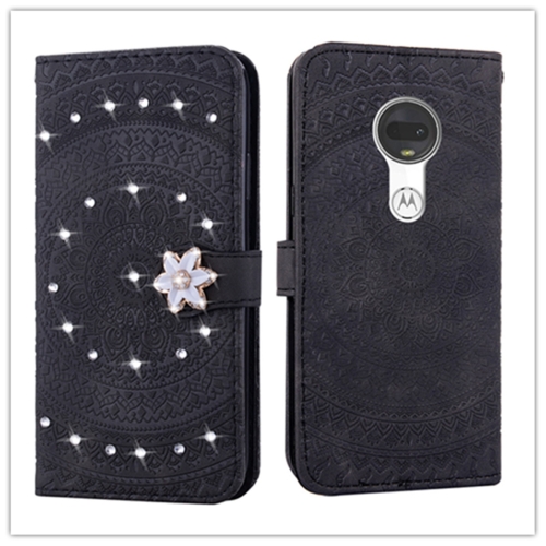 

For Motorola Moto G7 Pressed Printing Sticking drill Pattern Horizontal Flip PU Leather Case with Holder & Card Slots & Wallet && Lanyard(Black)