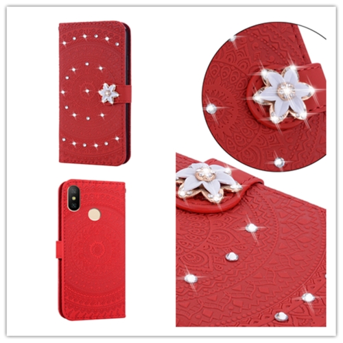 

For Xiaomi Redmi Note 6 Pro Pressed Printing Sticking Drill Pattern Horizontal Flip PU Leather Case with Holder & Card Slots & Wallet & & Lanyard(Red)