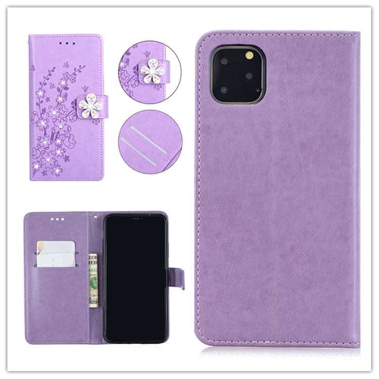 

For iPhone 11 Plum blossom Pattern Diamond Encrusted Leather Case with Holder & Card Slots(Plum Purple)