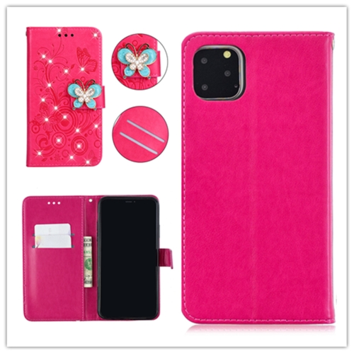 

For iPhone 11 Pro Diamond Encrusted Butterflies Love Flowers Pattern Horizontal Flip Leather Case with Holder & Card Slots & Wallet & Lanyard(Butterfly Plum Red)