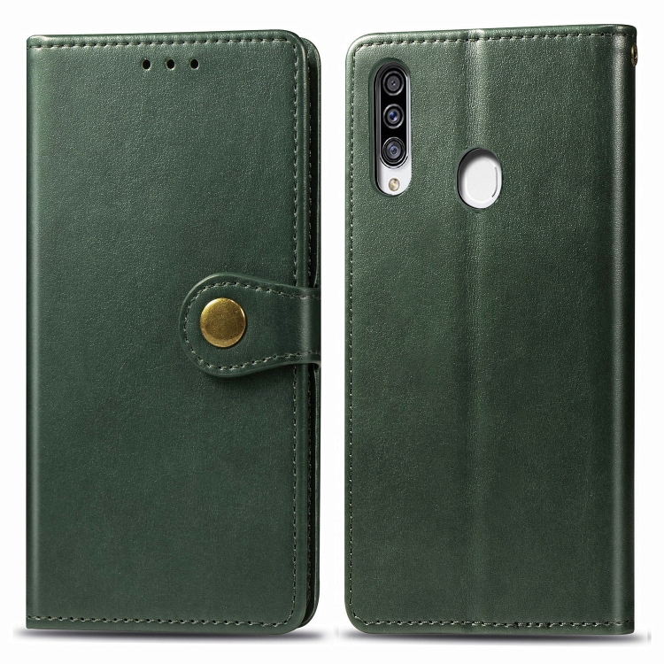 

For Galaxy A20S Retro Solid Color Leather Buckle Phone Case with Lanyard & Photo Frame & Card Slot & Wallet & Stand Function(Green)
