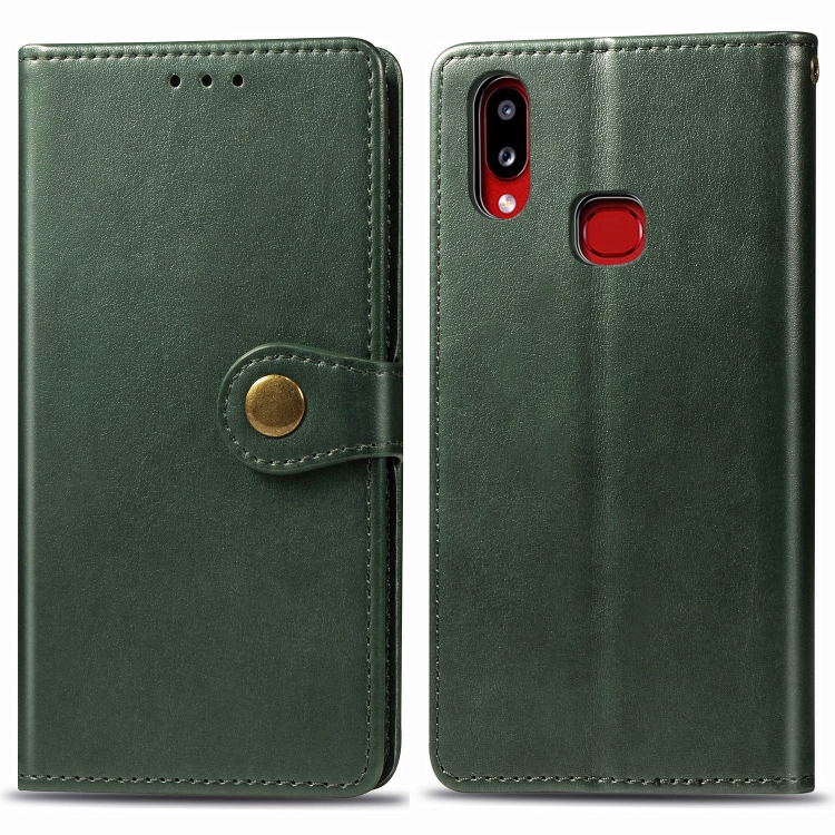 

For Galaxy A10S Retro Solid Color Leather Buckle Phone Case with Lanyard & Photo Frame & Card Slot & Wallet & Stand Function(Green)