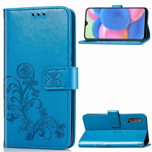 

For Galaxy A30S Four-leaf Clasp Embossed Buckle Mobile Phone Protection Leather Case with Lanyard & Card Slot & Wallet & Bracket Function(Blue)