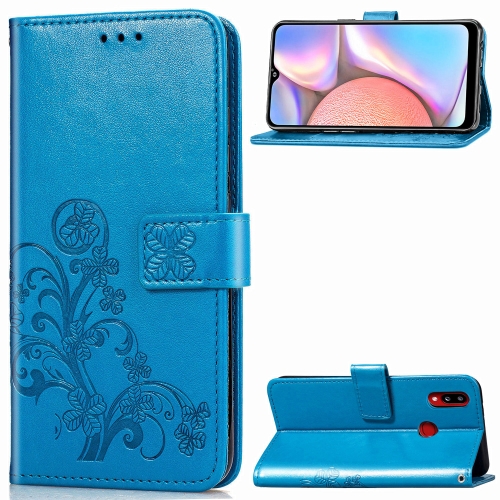 

For Galaxy A10s Four-leaf Clasp Embossed Buckle Mobile Phone Protection Leather Case with Lanyard & Card Slot & Wallet & Bracket Function(Blue)