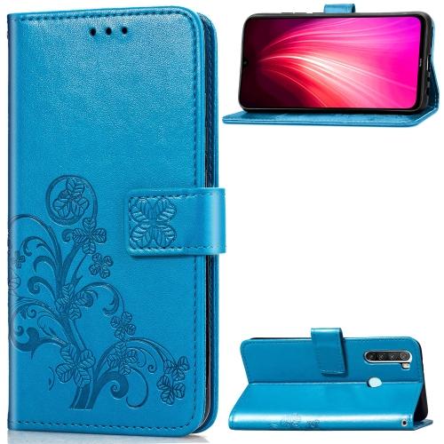 

For Xiaomi Redmi Note 8 Four-leaf Clasp Embossed Buckle Mobile Phone Protection Leather Case with Lanyard & Card Slot & Wallet & Bracket Function(Blue)