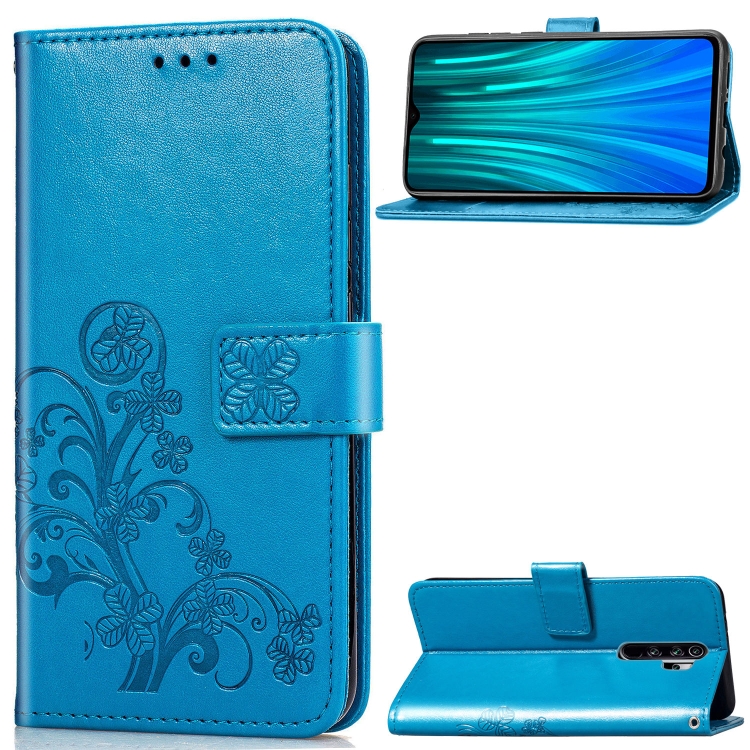 

For Xiaomi Redmi Note 8 Pro Four-leaf Clasp Embossed Buckle Mobile Phone Protection Leather Case with Lanyard & Card Slot & Wallet & Bracket Function(Blue)
