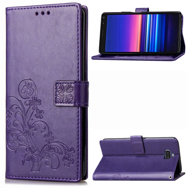 

For Sony Xperia 20 Four-leaf Clasp Embossed Buckle Mobile Phone Protection Leather Case with Lanyard & Card Slot & Wallet & Bracket Function(Purple)