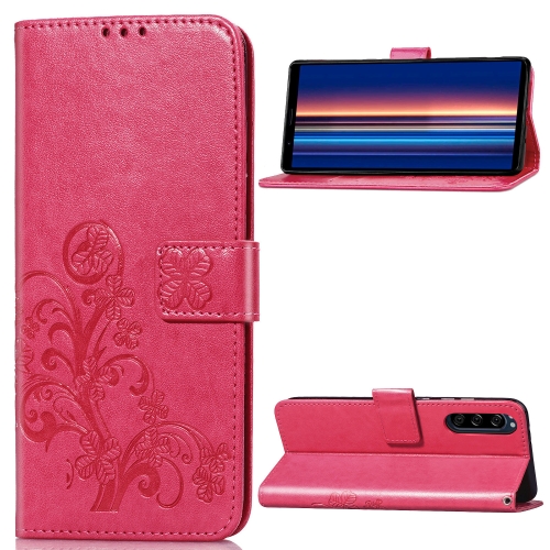 

For Sony Xperia 5 Four-leaf Clasp Embossed Buckle Mobile Phone Protection Leather Case with Lanyard & Card Slot & Wallet & Bracket Function(Magenta)