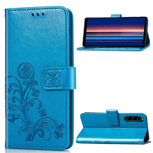 

For Sony Xperia 5 Four-leaf Clasp Embossed Buckle Mobile Phone Protection Leather Case with Lanyard & Card Slot & Wallet & Bracket Function(Blue)