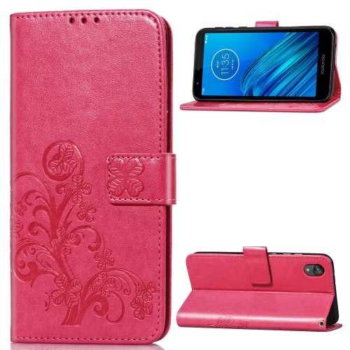 

For Moto E6 Four-leaf Clasp Embossed Buckle Mobile Phone Protection Leather Case with Lanyard & Card Slot & Wallet & Bracket Function(Magenta)