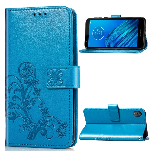 

For Moto E6 Four-leaf Clasp Embossed Buckle Mobile Phone Protection Leather Case with Lanyard & Card Slot & Wallet & Bracket Function(Blue)