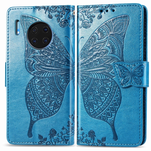 

For Huawei Mate 30 Pro Butterfly Love Flower Embossed Horizontal Flip Leather Case with Bracket / Card Slot / Wallet / Lanyard(Blue)