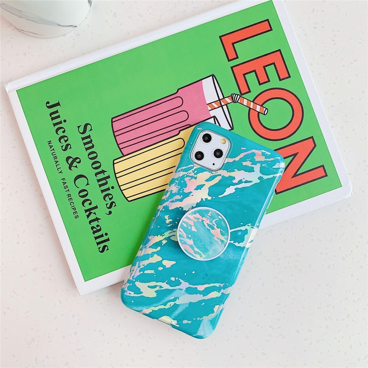 

For iPhone 11 Pro TPU Glossy Laser Marble Colorful Mobile Phone Protective Case with Folding Bracket(Green)