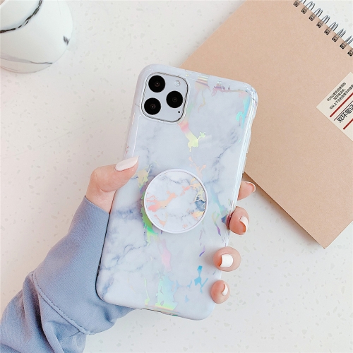 

For iPhone 11 Pro Max TPU Glossy Laser Marble Colorful Mobile Phone Protective Case with Folding Bracket(White)