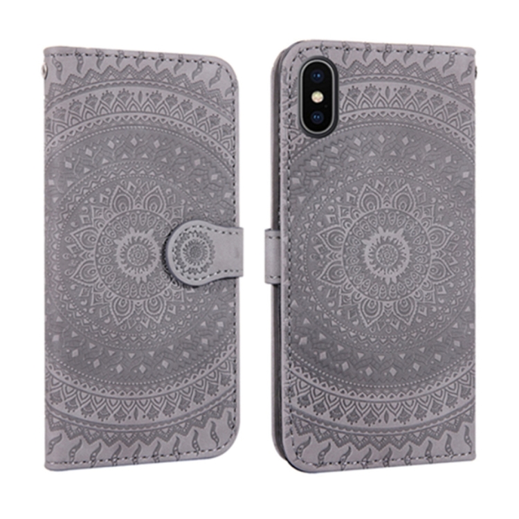 

For iPhone X / XS Pressed Printing Pattern Horizontal Flip PU Leather Case , with Holder & Card Slots & Wallet && Lanyard(Gray)
