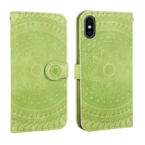 

For iPhone X / XS Pressed Printing Pattern Horizontal Flip PU Leather Case , with Holder & Card Slots & Wallet & & Lanyard(Green)