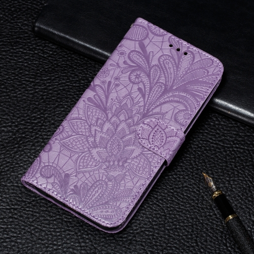 

For Galaxy A10S Lace Flower Embossing Pattern Horizontal Flip Leather Case , with Holder & Card Slots & Wallet & Photo Frame & Lanyard(Purple)