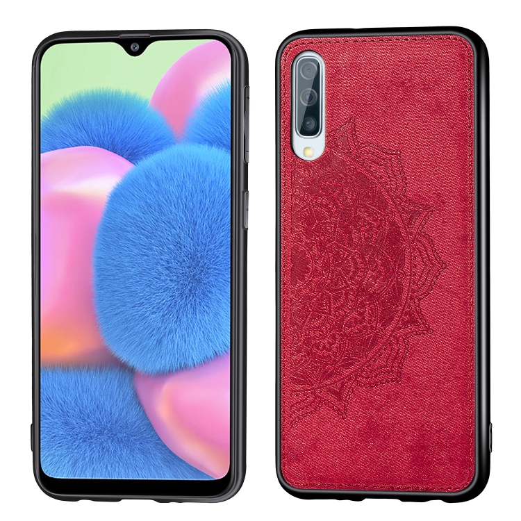 

For Galaxy A30s，Embossed Mandala pattern PC + TPU + Fabric Phone Case,with Lanyard & Magnetic(Red)