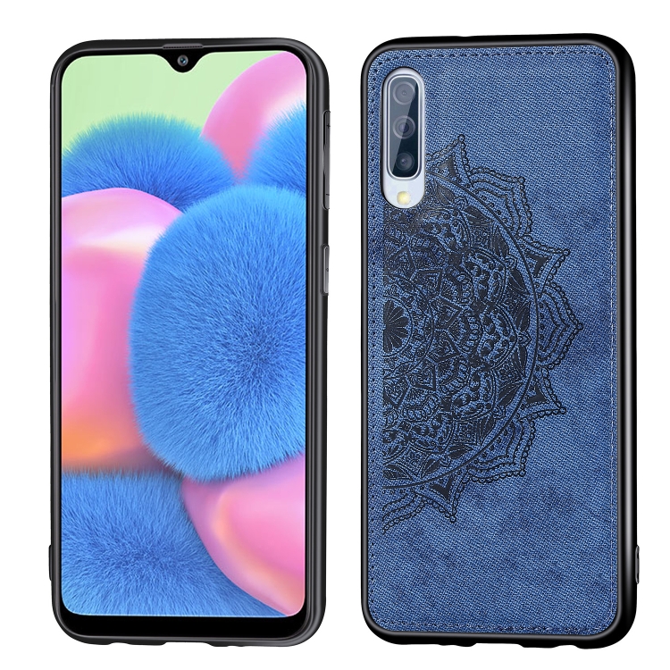 

For Galaxy A30s，Embossed Mandala pattern PC + TPU + Fabric Phone Case,with Lanyard & Magnetic(Blue)