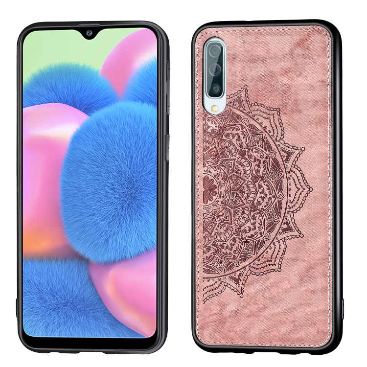 

For Galaxy A30s，Embossed Mandala pattern PC + TPU + Fabric Phone Case,with Lanyard & Magnetic(Rose Gold)