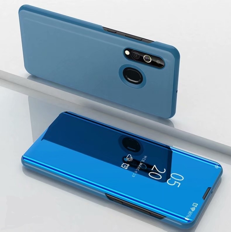 

For Galaxy A20s Plated Mirror Horizontal Flip Leather Case with Holder(Blue)