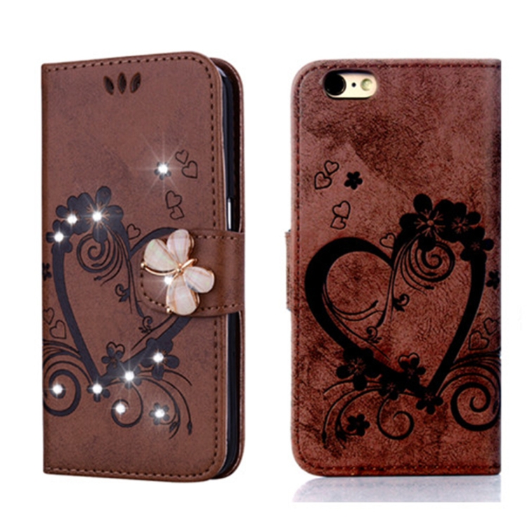 

For iPhone 6 / 6S Embossed Heart Butterfly Pattern Diamond Encrusted Leather Case with Holder & Card Slots(Brown)