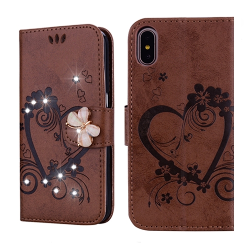 

For iPhone XR Embossed Heart Butterfly Pattern Diamond Encrusted Leather Case with Holder & Card Slots(Brown)