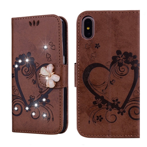 

For iPhone XS Max Embossed Heart Butterfly Pattern Diamond Encrusted Leather Case with Holder & Card Slots(Brown)