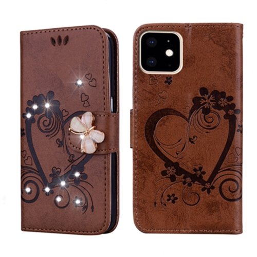 

For iPhone 11 Embossed Heart Butterfly Pattern Diamond Encrusted Leather Case with Holder & Card Slots(Brown)