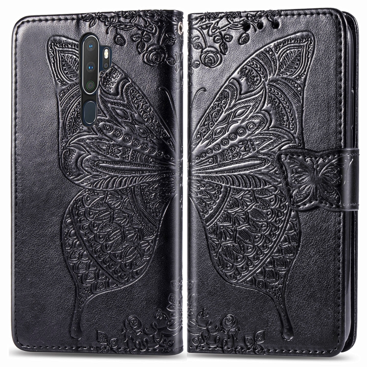 

For OPPO A5（2020）/ A9（2020）Butterfly Love Flower Embossed Horizontal Flip Leather Case with Bracket Lanyard Card Slot Wallet(Black)