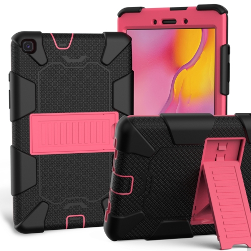 

For Galaxy Tab A8.0 2019 / T290 Shockproof Two-Color Silicone Protection Case with Holder(Black+Hot Pink)