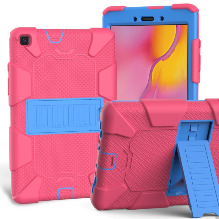 

For Galaxy Tab A8.0 2019 / T290 Shockproof Two-Color Silicone Protection Case with Holder(Hot Pink+Blue)