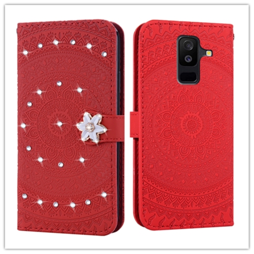 

For Galaxy A6 Plus 2018 Pressed Printing Sticking Drill Pattern Horizontal Flip PU Leather Case with Holder & Card Slots & Wallet && Lanyard(Red)