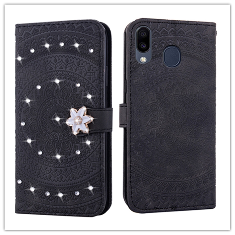 

For Galaxy A20 Pressed Printing Sticking Drill Pattern Horizontal Flip PU Leather Case with Holder & Card Slots & Wallet && Lanyard(Black)
