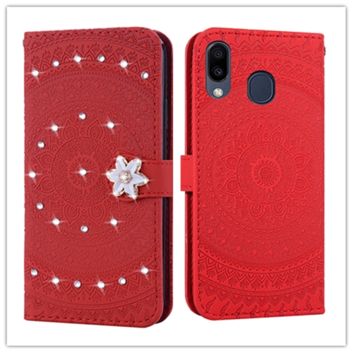 

For Galaxy A40 Pressed Printing Sticking Drill Pattern Horizontal Flip PU Leather Case with Holder & Card Slots & Wallet && Lanyard(Red)