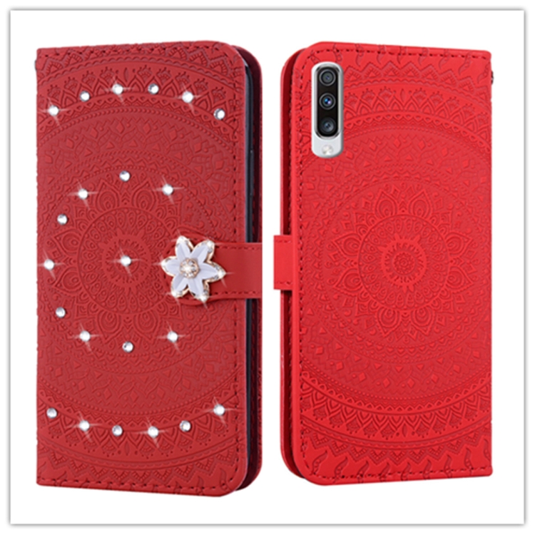 

For Galaxy A70 Pressed Printing Sticking Drill Pattern Horizontal Flip PU Leather Case with Holder & Card Slots & Wallet && Lanyard(Red)