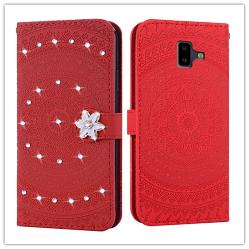

For Galaxy J6 Plus Pressed Printing Sticking Drill Pattern Horizontal Flip PU Leather Case with Holder & Card Slots & Wallet && Lanyard(Red)