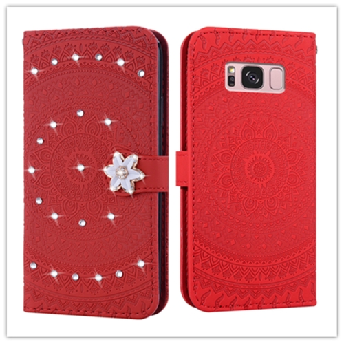 

For Galaxy S8 Pressed Printing Sticking Drill Pattern Horizontal Flip PU Leather Case with Holder & Card Slots & Wallet && Lanyard(Red)