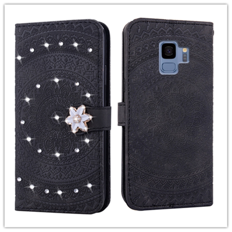 

For Galaxy S9 Pressed Printing Sticking Drill Pattern Horizontal Flip PU Leather Case with Holder & Card Slots & Wallet && Lanyard(Black)