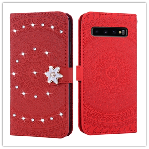 

For Galaxy S10 Plus Pressed Printing Sticking Drill Pattern Horizontal Flip PU Leather Case with Holder & Card Slots & Wallet && Lanyard(Red)