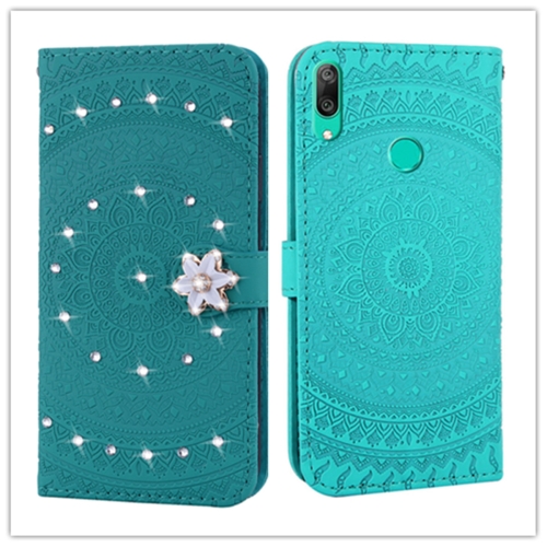 

For Huawei Y7 2019 Pressed Printing Sticking drill Pattern Horizontal Flip PU Leather Case with Holder & Card Slots & Wallet && Lanyard(Grass Green)