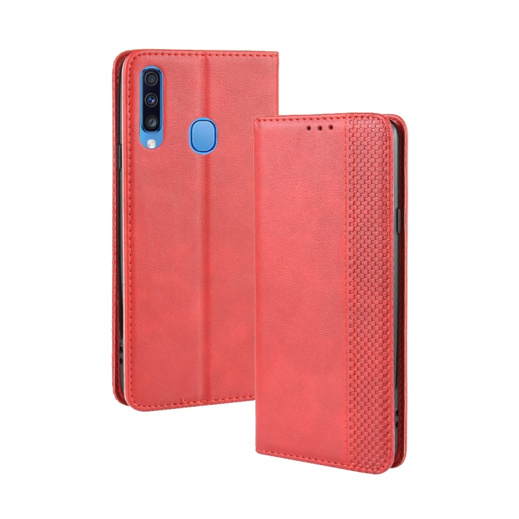 

For Galaxy A20s Magnetic Buckle Retro Crazy Horse Texture Horizontal Flip Leather Case , with Holder & Card Slots & Photo Frame(Red)