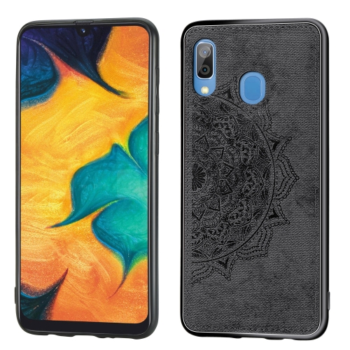 

For Galaxy A30 & A20 Embossed Mandala Pattern PC + TPU + Fabric Phone Case with Lanyard & Magnetic(Black)