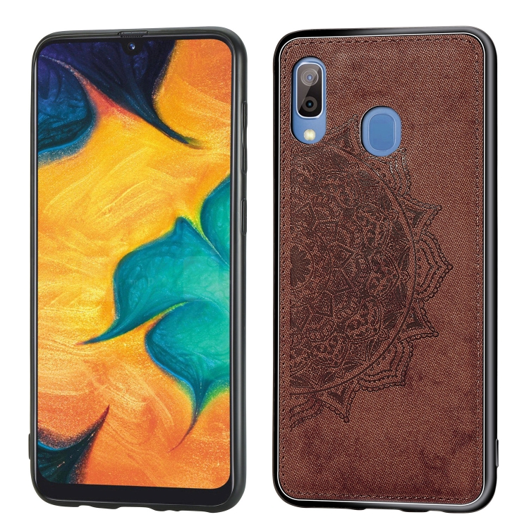 

For Galaxy A30 & A20 Embossed Mandala Pattern PC + TPU + Fabric Phone Case with Lanyard & Magnetic(Brown)