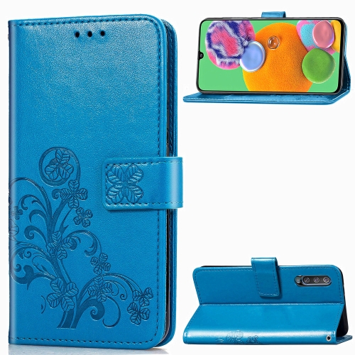 

For Galaxy A90 5G Four-leaf Clasp Embossed Buckle Mobile Phone Protection Leather Case with Lanyard & Card Slot & Wallet & Bracket Function(Blue)