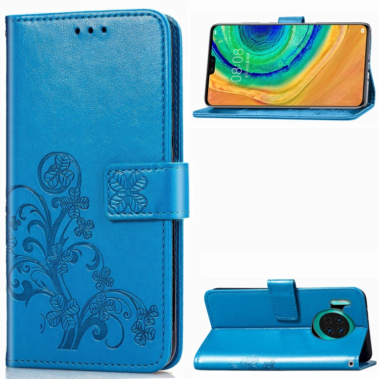 

For Huawei Mate 30 Four-leaf Clasp Embossed Buckle Mobile Phone Protection Leather Case with Lanyard & Card Slot & Wallet & Bracket Function(Blue)