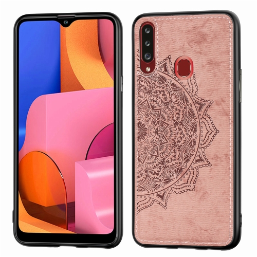 

For Galaxy A20s Embossed Mandala pattern PC + TPU + Fabric Phone Case with Lanyard & Magnetic(Rose Gold)