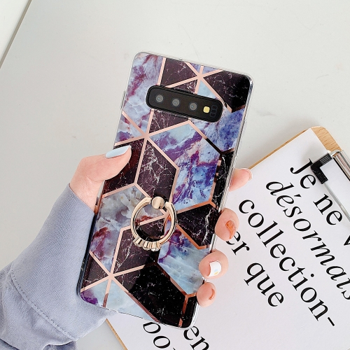 

For Galaxy S10 Plus Plating Colorful Geometric Pattern Mosaic Marble TPU Mobile Phone Case Rhinestone Stand Ring(Black PR6)